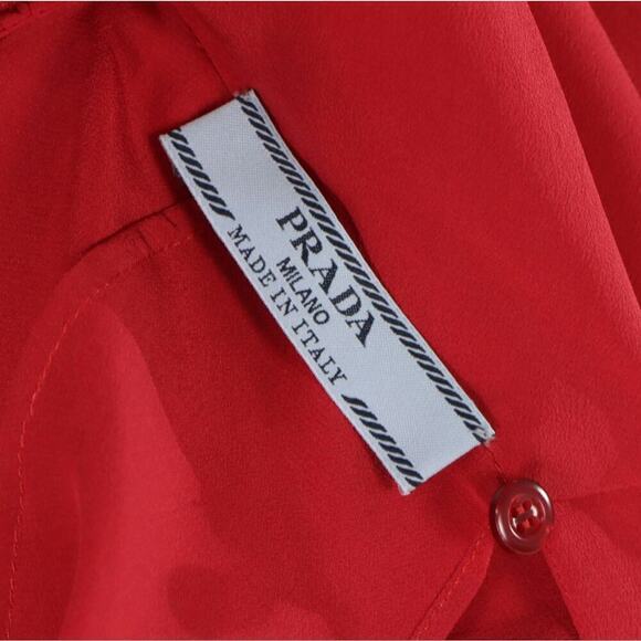 Prada Red Silk Tie-Neck Blouse with Ruched Shoulders - Picture 5 of 5